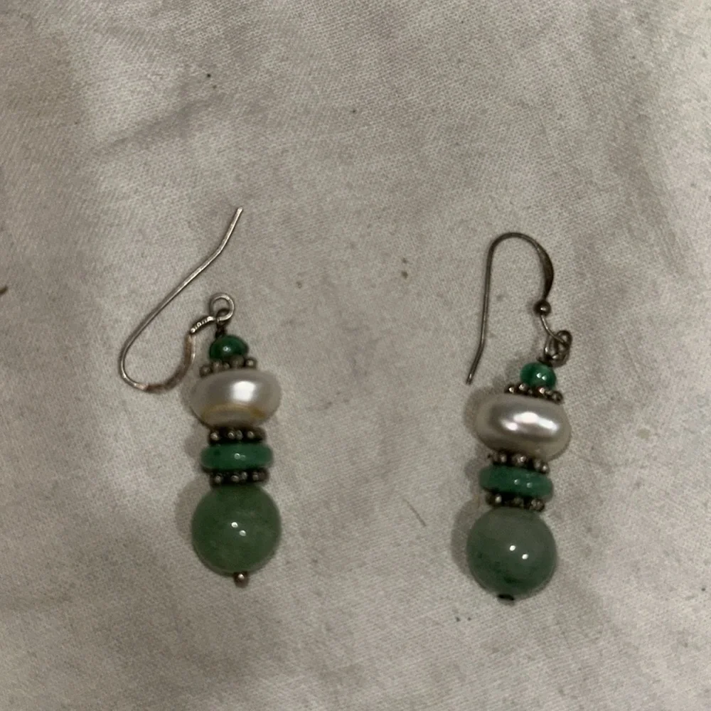 Vtg Jade,Silver, Crystal and Pearl Wire Earrings Sterling Silver. 60’s.